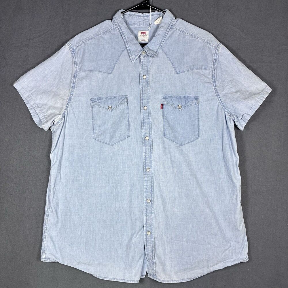 Levi's Men Size XXL Western Shirt Light Blue Short Sleeve Denim Pearl Snap